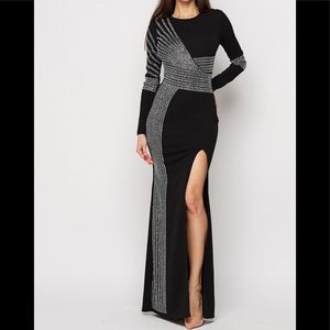 Drilling Side Slit Round Neck Maxi Dress